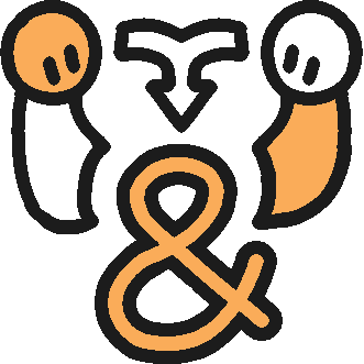 an arrow pointing from two people to an ampersand, in the colors of the white orange and black system flag